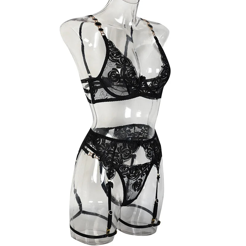 3 Piece Lingerie Luxury Jewel Shoulder Strap Underwear Garter Lace IntimateLingerie Set - The Clothing Company Sydney
