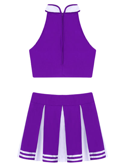 Women's Cheerleading Costume Uniform Carnival Cosplay Outfit Stand Collar Sleeveless Crop Top with Mini Pleated Skirt - The Clothing Company Sydney