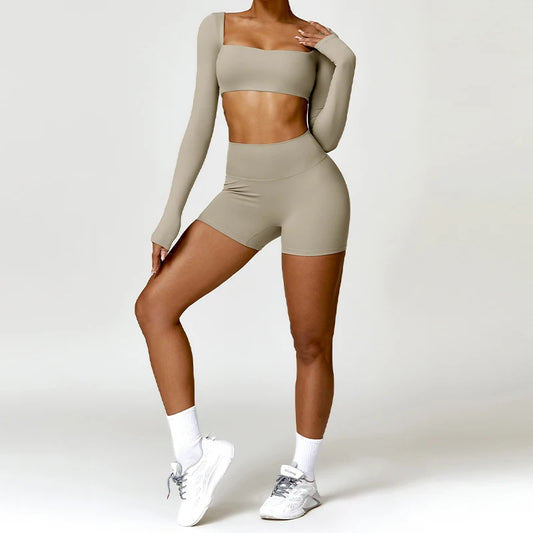 2 Piece Long Sleeve Gym Set Women Yoga Clothes Quick-Drying Sportswear Running Leggings Workout Sports Crop Top Shorts