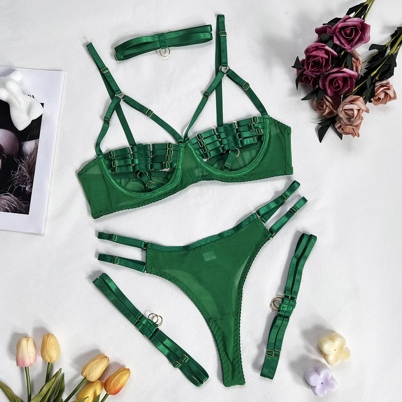 5-Piece Costume Hollow Underwear Sensual Open Bra Outfits Lingerie Set - The Clothing Company Sydney