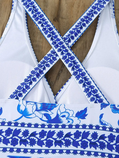 Summer Two Piece Swimsuit Vintage Floral Print Swimwear Female Tankini Sets Deep V Beach Wear Women Swimming Bathing Suit - The Clothing Company Sydney