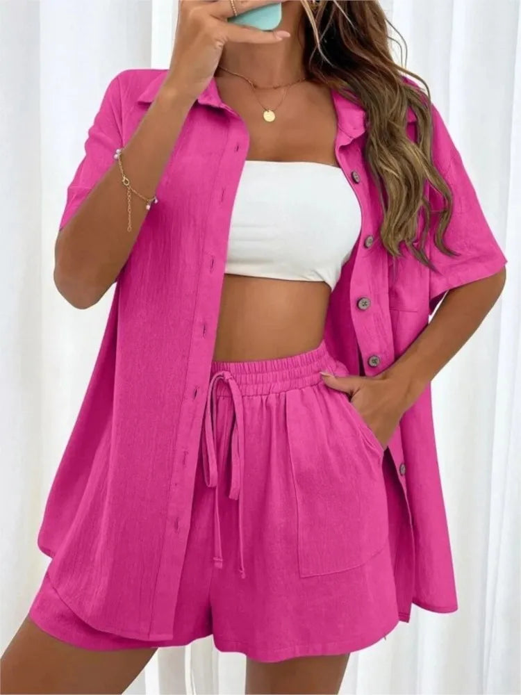 Casual Loose Single-breasted Top And Drawstring Shorts Set Fashion Ladies Suits Summer 2 Piece Set  Matching Outfits - The Clothing Company Sydney