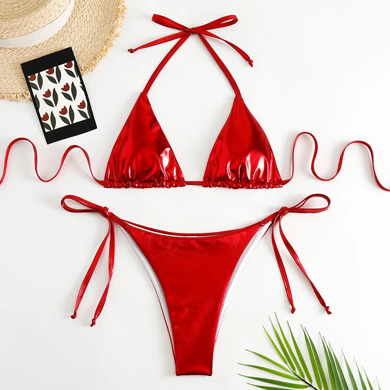 2 Piece Shiny Triangle Micro Thong Bikinis Sets Swimsuit Mini Swimwear Bathing Swiming Suits - The Clothing Company Sydney
