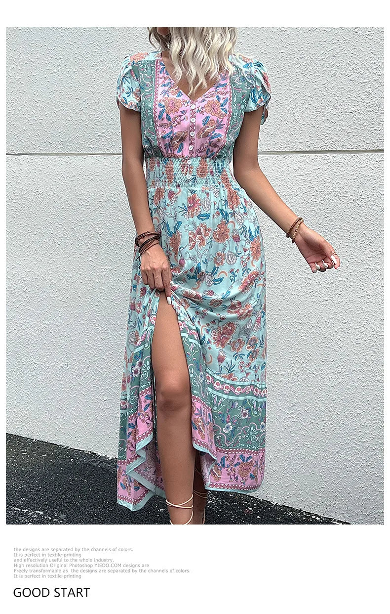 Short Sleeves V Neck Vintage Floral Boho Printed Slit Midi Dresses A Line Bohemian Summer Beach Dress - The Clothing Company Sydney