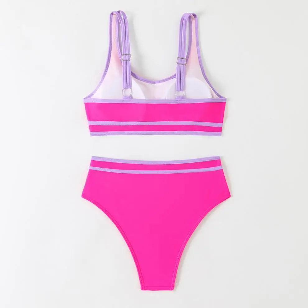 2 Piece Vintage Hot Pink Patchwork Bikini Set Summer Push Up Bra High Waist Swimsuit Beach Bathing Suit Two Piece Swimwear - The Clothing Company Sydney
