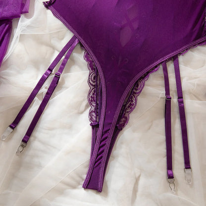 Lace Bodysuit Lace Up Costume Long Gloves Stocking See-Through Tights Lingerie Matching Outfit Set - The Clothing Company Sydney