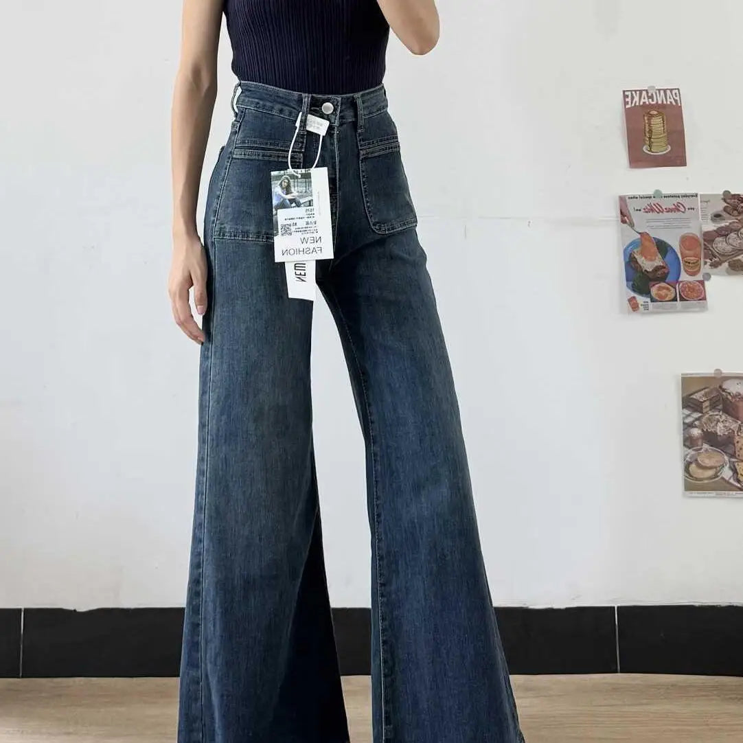 Women's Autumn Retro Micro-flared Solid Color High-waisted Straight Wide Leg Pants Loose Floor-length Jeans The Clothing Company Sydney