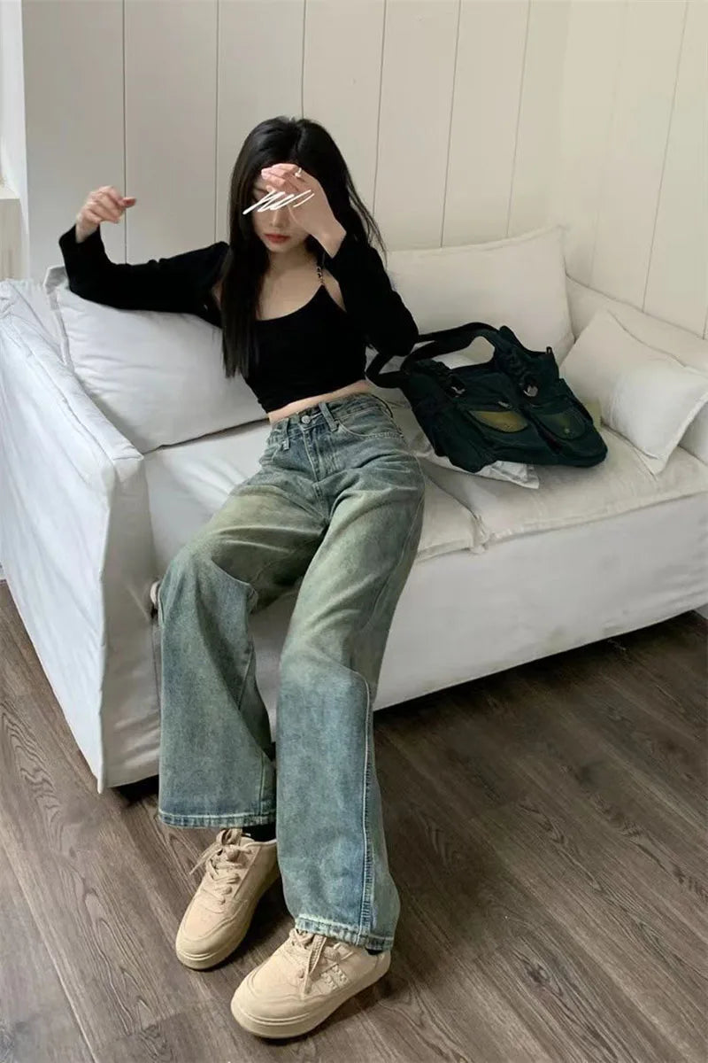 Vintage Baggy Straight Denim Trousers Y2K High Waist Loose Wide Leg Jeans Women Streetwear All-Match Casual Pants - The Clothing Company Sydney