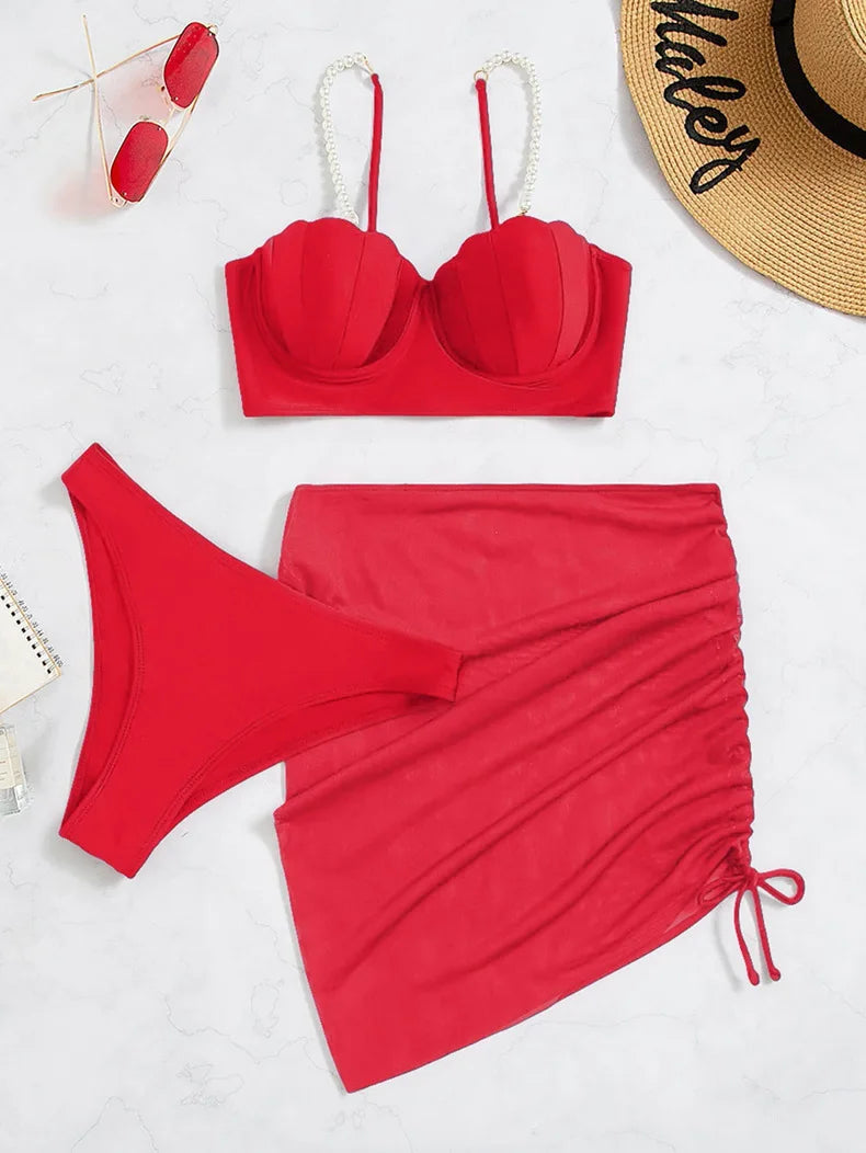 3 Piece Women's Swimsuit Off Shoulder Suspender Pure Cotton Fashion Backless Beach Split Swimwear - The Clothing Company Sydney