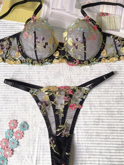 Yimunancy Floral Embroidery Lingerie Set Women Sheer 2-Piece Boho Bra + Panty Underwear Set Intimates The Clothing Company Sydney