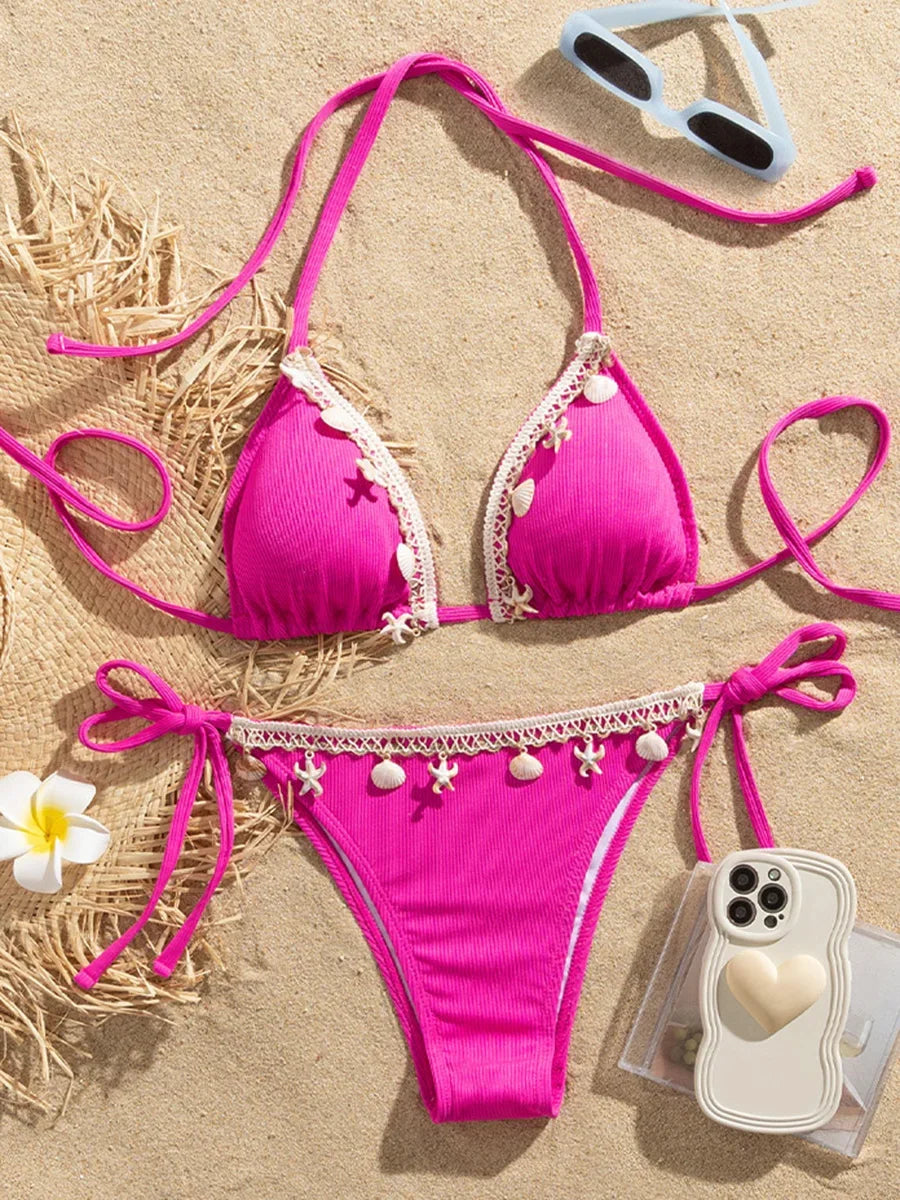 Shell Decoration Ribbed Bikini Women Swimwear Swimsuit Two-pieces Bikini Set Halter Strappy Bather Bathing Suit The Clothing Company Sydney