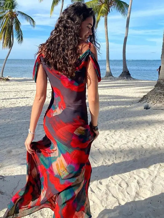 Spaghetti Strap Cold Shoulder Vacation Print Boho Dress Tunic Women Summer Clothes Beach Wear Swim Suit Cover Up Dress The Clothing Company Sydney