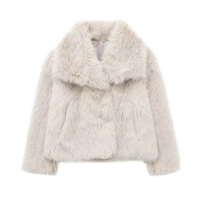 Women's Fashion Cropped Faux Fur Jacket Coat Long Sleeve Front Snap-button Outerwear Chic Lapel Collar Thick Coat The Clothing Company Sydney