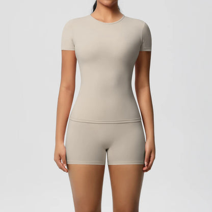 2 Piece Quick-Drying Gym Leggings Set Summer Short Sleeve Breathable Stretchy Yoga Slim Fitness Active Top Women's Cycling Bike Shorts The Clothing Company Sydney