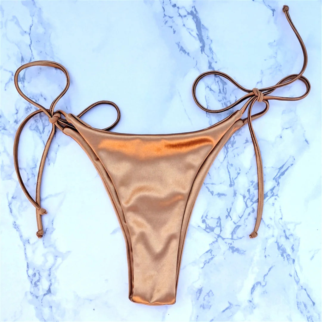 Side Tie Satin High Leg Cut Brazilian Bikini Swimwear Swimsuit Two piece Bikini set Bather Bathing Suit - The Clothing Company Sydney