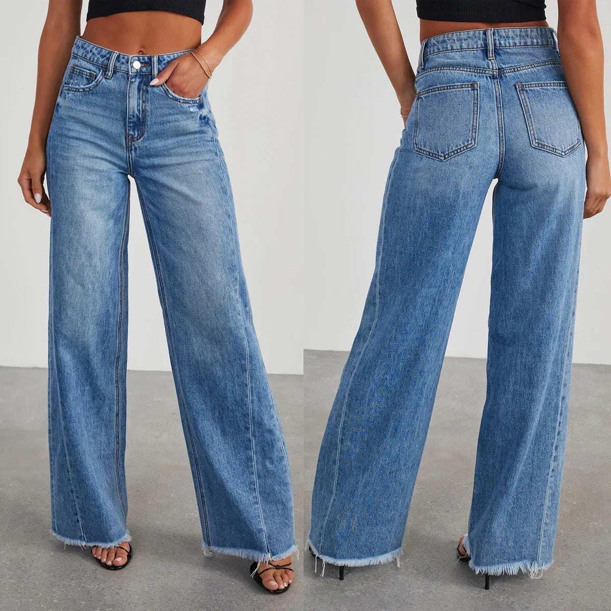 Spring Summer Women's Clothing Solid Color Loose Wide Leg Side Seam Stitching Frayed Hem Jeans The Clothing Company Sydney