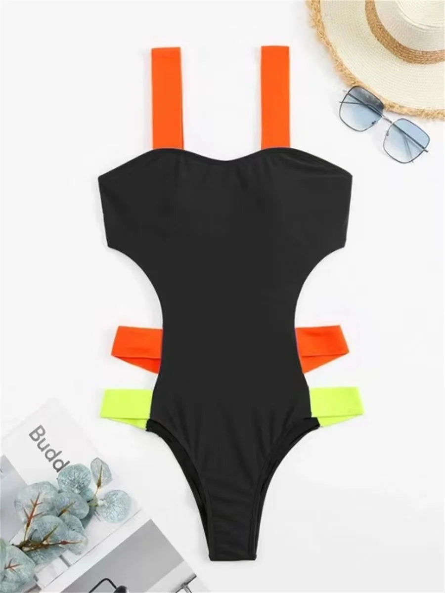 Black Contrast One Piece Swimsuit Neon Strap Hollow Out Backless Monokini Summer Bathing Suit Patchwork Swimwear The Clothing Company Sydney