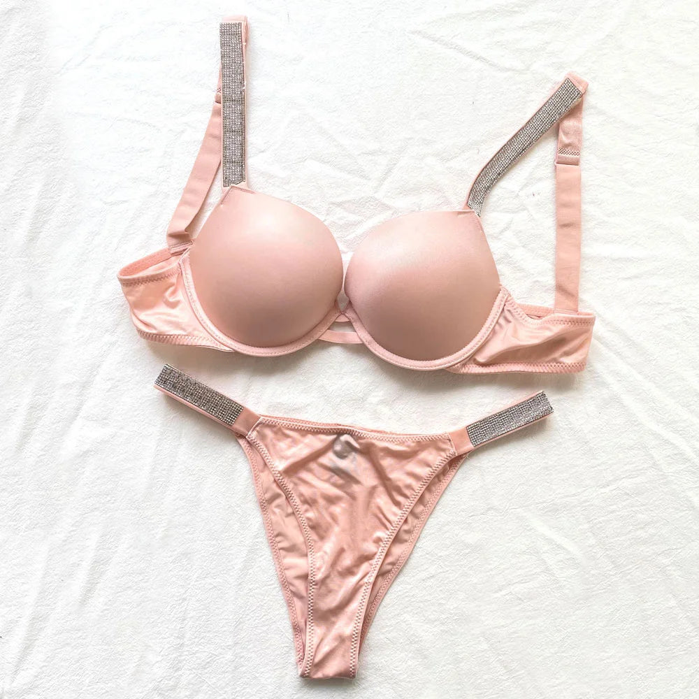 2 Piece Rhinestone Letter Seamless Bra Panties Backless Wireless Set Underwear Push Up Bra luxurious Women Lingerie Set The Clothing Company Sydney