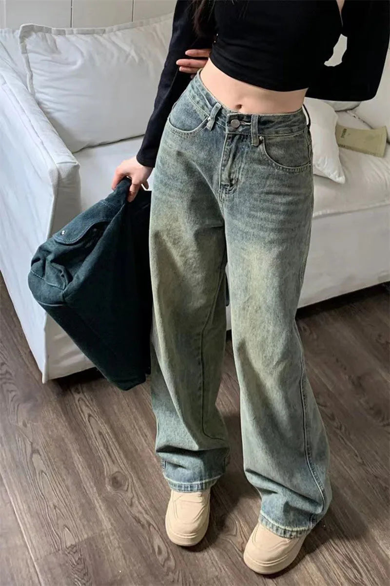 Vintage Baggy Straight Denim Trousers Y2K High Waist Loose Wide Leg Jeans Women Streetwear All-Match Casual Pants - The Clothing Company Sydney