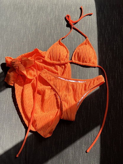 Shiny Wrinkled Halter Bikini Swimsuit Three piece Bikini set Bather Bathing Suit with Sarong Swimwear The Clothing Company Sydney