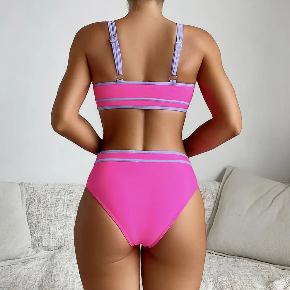 2 Piece Vintage Hot Pink Patchwork Bikini Set Summer Push Up Bra High Waist Swimsuit Beach Bathing Suit Two Piece Swimwear - The Clothing Company Sydney