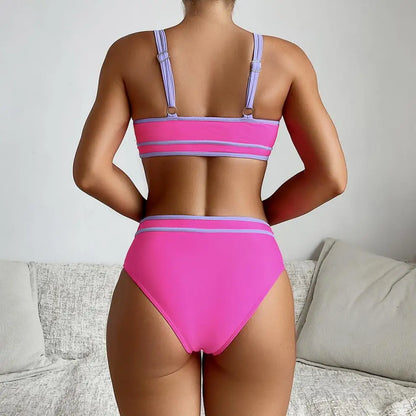 2 Piece Vintage Hot Pink Patchwork Bikini Set Summer Push Up Bra High Waist Swimsuit Beach Bathing Suit Two Piece Swimwear - The Clothing Company Sydney