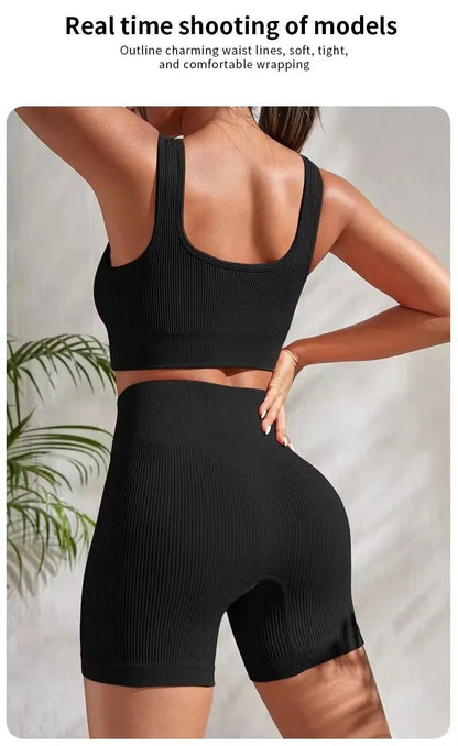 2 Piece Ribbed Yoga Sports Women Seamless Crop Top Bra Shorts Yoga Set Elastic Sportsuit Workout Outfit Fitness Gym Clothes The Clothing Company Sydney