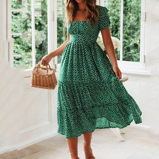 Vintage Print Puff Sleeve Summer Beach Casual Square collar floral maxi long dress - The Clothing Company Sydney