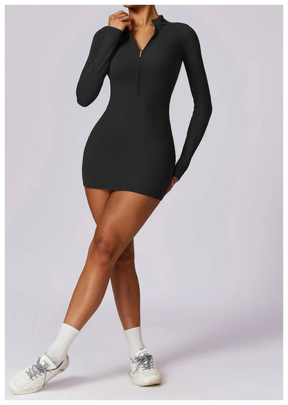 Zipper Long Sleeve JumpSuits Women Workout Tracksuit Short Skirt Sportswear Yoga Set Fitness Bodysuit Gym Clothes Yoga Suit - The Clothing Company Sydney