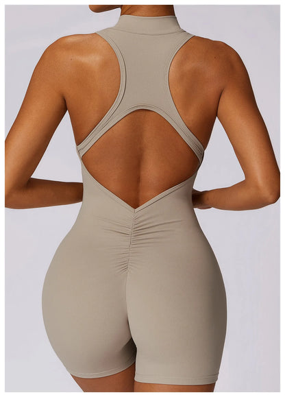 V Back Scrunch Sports Jumpsuit Women Gym Rompers Sleeveless Sportswear Zipper One-Piece Suit Yoga Clothing - The Clothing Company Sydney