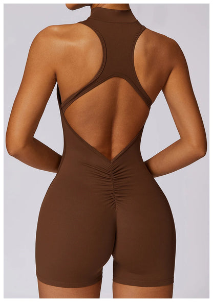 V Back Scrunch Sports Jumpsuit Women Gym Rompers Sleeveless Sportswear Zipper One-Piece Suit Yoga Clothing - The Clothing Company Sydney