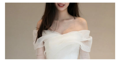 One Shoulder Satin Light Wedding Dress with Simple and Slim Fit Sweet Long Sleeved Bride Evening Gown - The Clothing Company Sydney