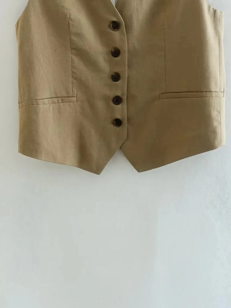 2 Piece Women's Suit Button V Neck Waistcoats Elegant Vest Top Zipper High Waist Slim Pants Shorts Summer Female Streetwear - The Clothing Company Sydney