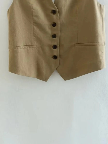 2 Piece Women's Suit Button V Neck Waistcoats Elegant Vest Top Zipper High Waist Slim Pants Shorts Summer Female Streetwear - The Clothing Company Sydney