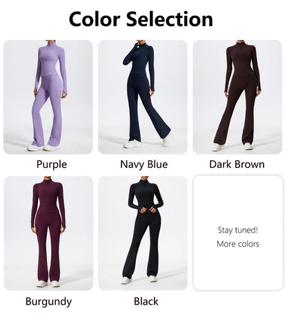 2 Piece Sports Suit Women Half Zipper Long Sleeves Slim Yoga Set Flared Activewear Gym Workout Sportswear The Clothing Company Sydney