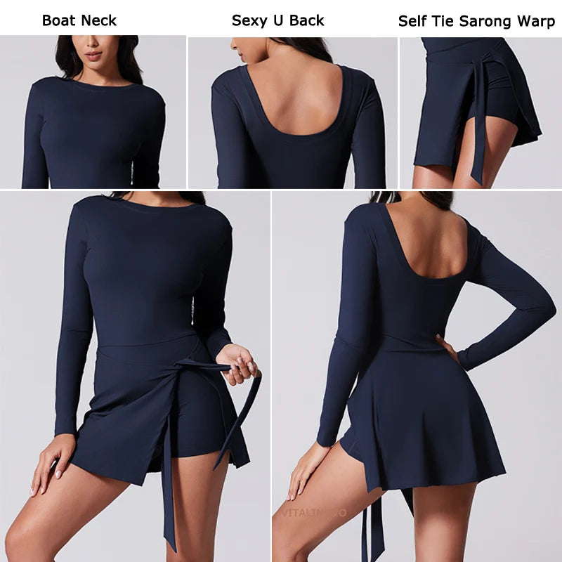 Womens High Neck Tennis Dress Long Sleeve Sarong Wrap Skirt Built in Shorts Golf Athletic Dress - The Clothing Company Sydney
