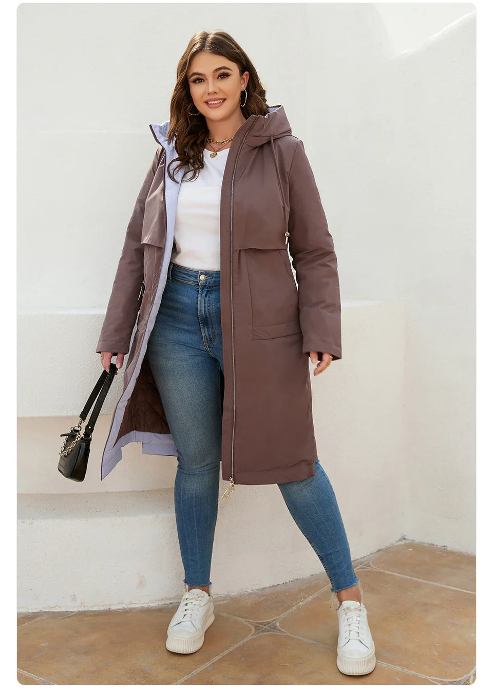 Women's jacket spring zipper long trench hooded outwear parka coat - The Clothing Company Sydney