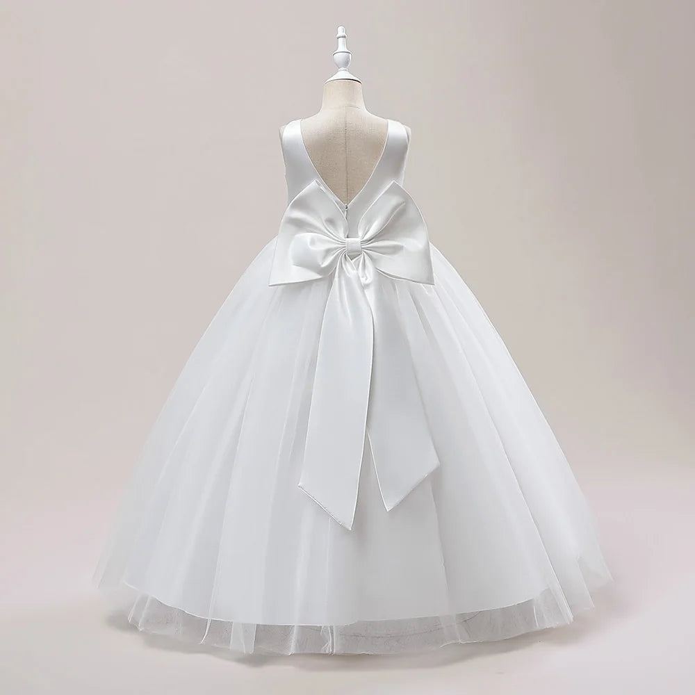 Girls Long White Bridesmaid Wedding Prom Gown Big Bow Party Communion Formal Evening Dress The Clothing Company Sydney