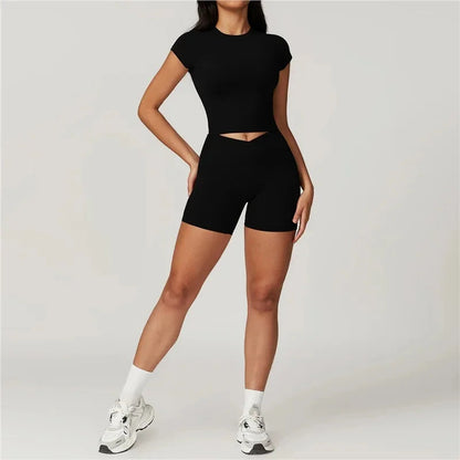 Quick-Dry Yoga 2 Piece Suit Outer Wear Running Sports Short Sleeves Women's Backless Fitness Wear Green Gym Clothing The Clothing Company Sydney