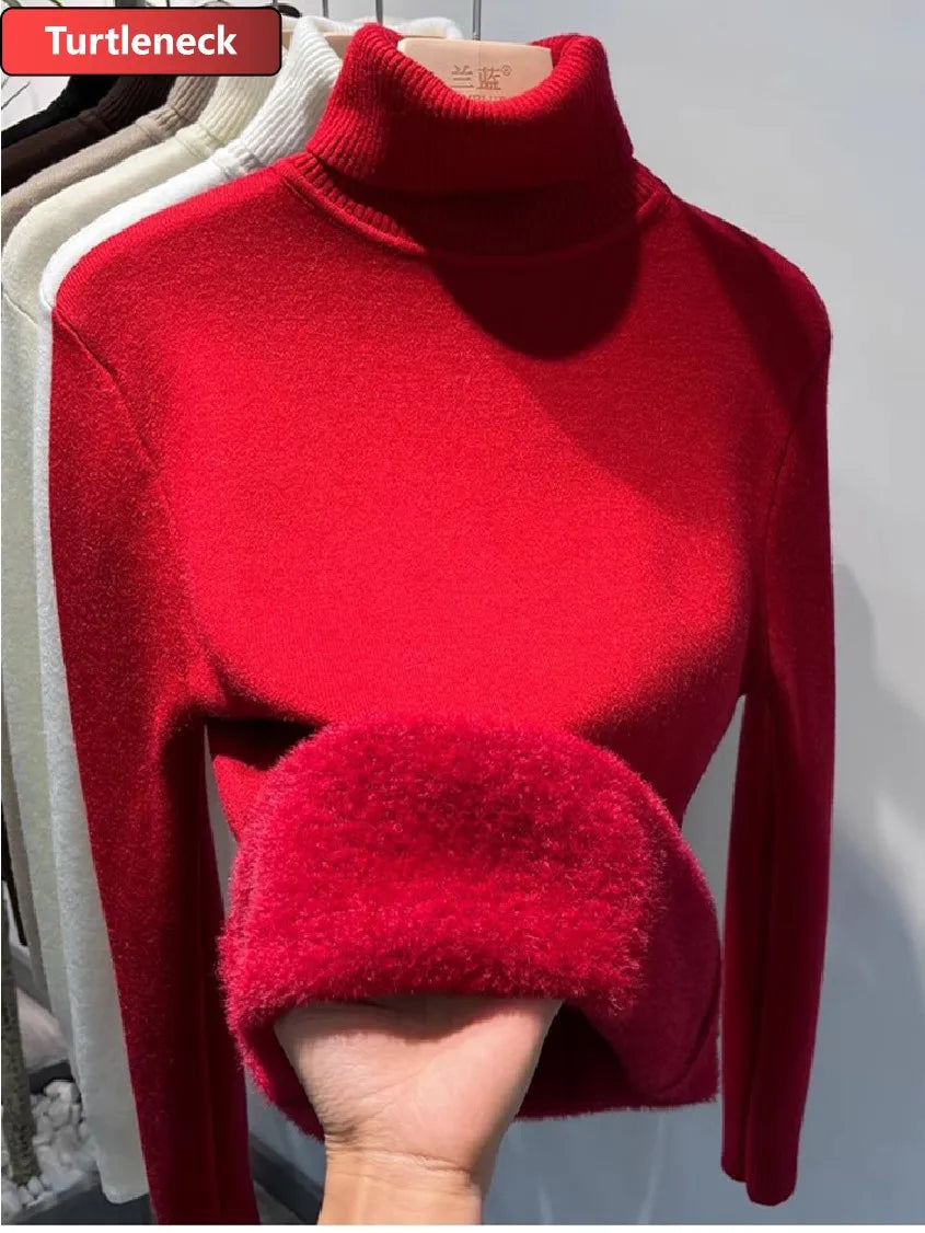 Ladies Turtleneck Winter Sweater Women Elegant Thick Velvet Lined Warm Knitted Pullover Slim Tops Jersey Knitwear Jumper The Clothing Company Sydney