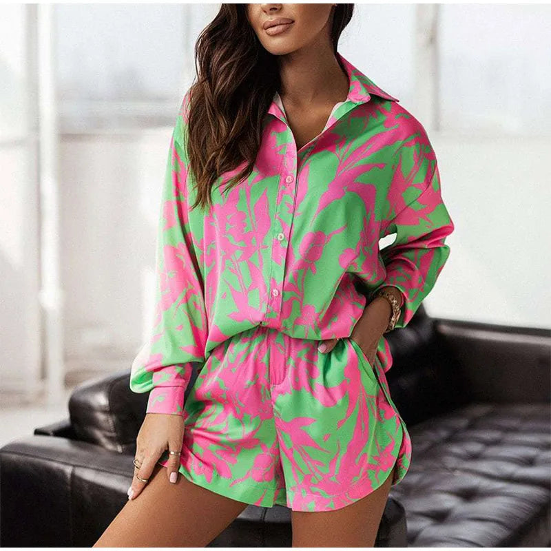 Summer Print Shorts Suits Woman Vintage Long Sleeve Shirt And Short Pants Suit Two Piece Set  Loose Casual Outfit Matching Set - The Clothing Company Sydney