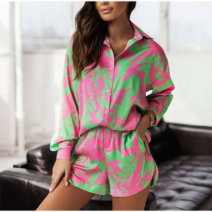 Summer Print Shorts Suits Woman Vintage Long Sleeve Shirt And Short Pants Suit Two Piece Set  Loose Casual Outfit Matching Set - The Clothing Company Sydney