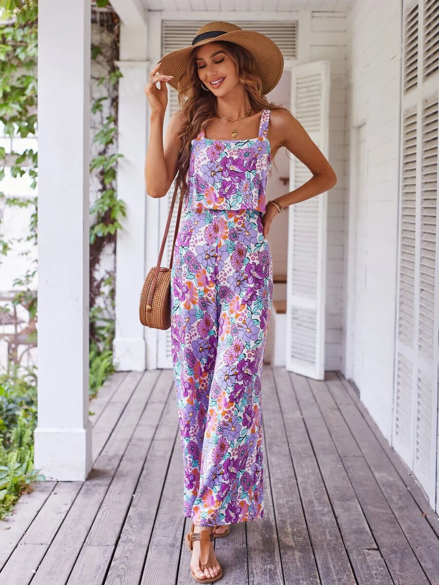 Elegant Long Women's Backless Wide Leg Jumpsuits Casual Sleeveless Floral Rompers Summer Matching Outfit Set - The Clothing Company Sydney