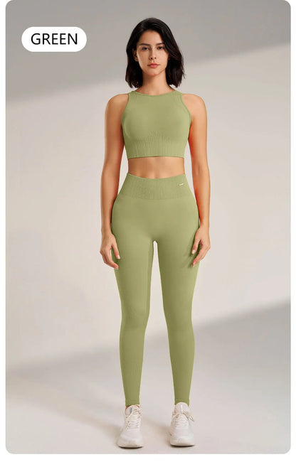 Yoga Matching Outfit Set Women's High Waist Leggings and Top Two Piece Seamless Fitness Exercise Fitness Workout Activewear - The Clothing Company Sydney