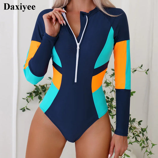 Contrast Color One Piece Swimsuit Rashguard Long Sleeve Surf Swimwear Women Patchwork Bathing Suit High Elasticity Bodysuit - The Clothing Company Sydney