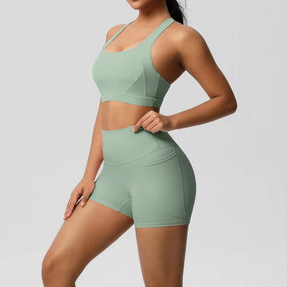 2 Piece Sportswear Pocketed Yoga Set Gym Clothes Yoga Suits Womens Sports Shorts Crossover Bra Gym Leggings Bike Shorts Set The Clothing Company Sydney