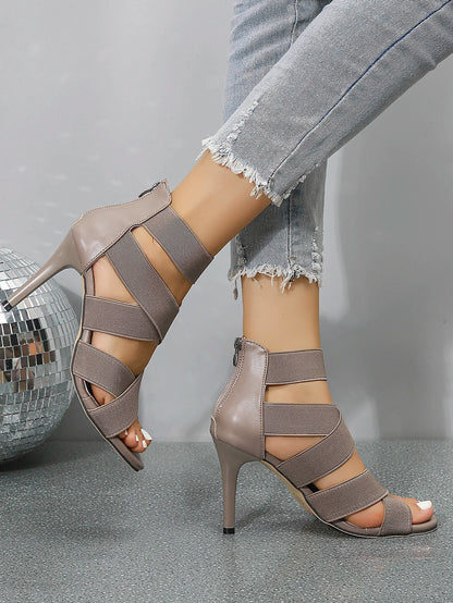 Khaki Beige Thin High Heels Women Summer Elastic Band Dress Party Wedding Shoe Back Zip Gladiator Sandals - The Clothing Company Sydney