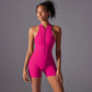 Hollow Backless Sport Jumpsuit Short Woman One Piece Gym Outfit Sleeveless Zipper Fitness Overalls Yoga Romper