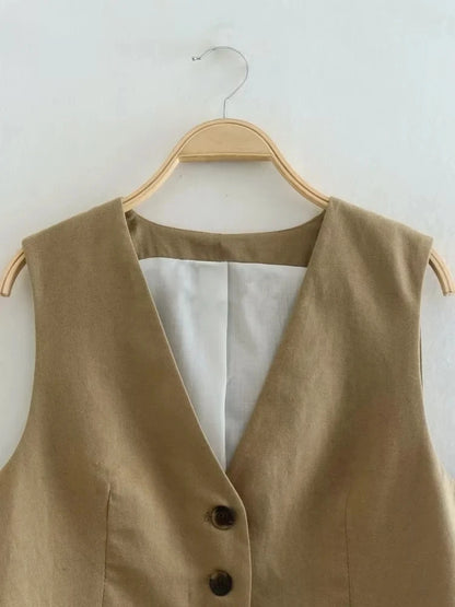2 Piece Women's Suit Button V Neck Waistcoats Elegant Vest Top Zipper High Waist Slim Pants Shorts Summer Female Streetwear - The Clothing Company Sydney