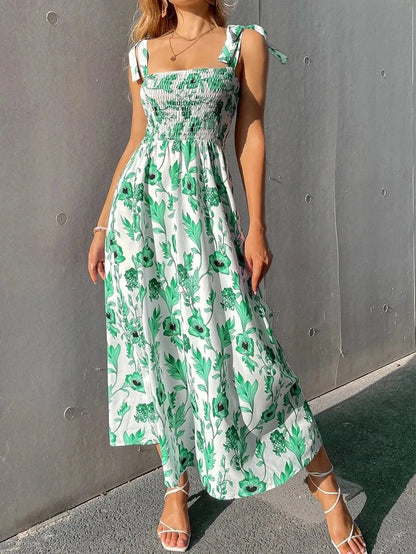 Floral Long Dress Women's Backless Sleeveless Bandage Beach Sundress Casual Green Summer Ladies Dresses - The Clothing Company Sydney
